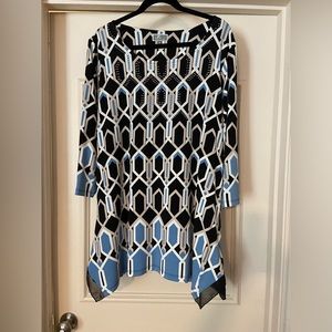 JM Collection 3/4 length sleeve top with cute pattern and embellishments.